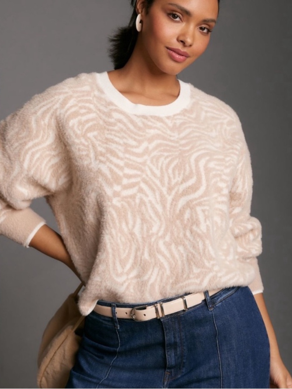 Pilcro Cream and White Faux-Fur Zebra Crewneck Sweater Size XL